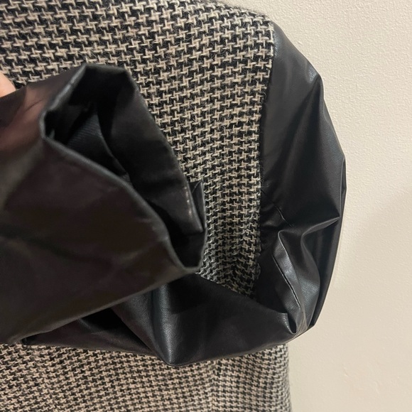 Zara Basic Wool Coat Houndtooth Tweed Faux Leather Sleeves - Picture 6 of 7
